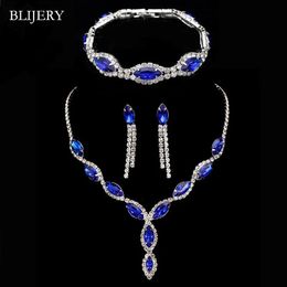 BLIJERY elegante azul real cristal boda conjuntos de joyas diamantes de imitación borla larga collar pendientes pulsera nupcial 240202