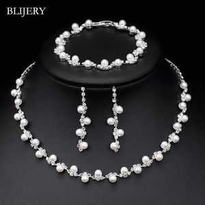 BLIJERY mode simulé perle cristal mariée Simple femmes collier ras du cou boucles d'oreilles Bracelet ensembles de bijoux de mariage