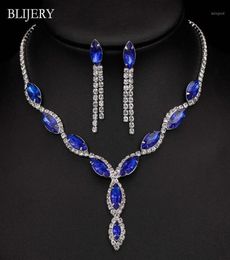 BLIJery Silver plaquée Royal Blue Crystal Wedding Bijoux pour femmes Feuille de feuilles Long Collier Boucles d'oreilles