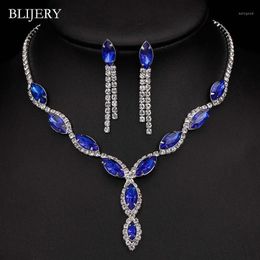 BLIJERY argent plaqué cristal bleu Royal ensembles de bijoux de mariage pour les femmes feuille gland Long collier boucles d'oreilles bijoux de mariée Sets1248d