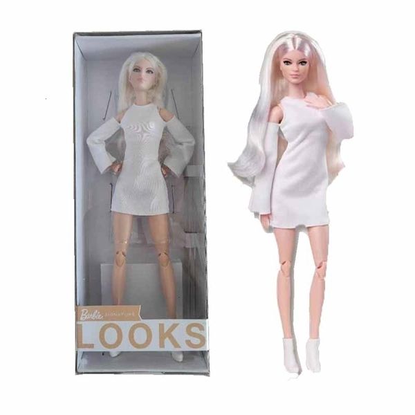 Boîte aveugle Signature Looks poupée grande blonde entièrement posable mode portant une robe blanche bottes à plateforme cadeau pour les collectionneurs 230607