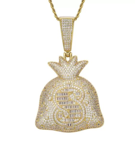 Bling 18K Gold Dollar Sign Money Sac Collier Bijoux Set Cumbic Zirconia Diamond Hip Hop Colliers Portefeuille Pendentif Femmes Men Men Stainl9687333