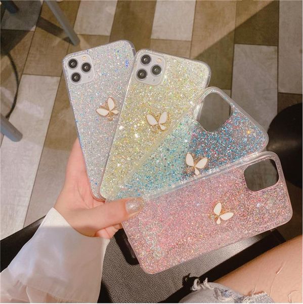 Bling 3D mariposa Flash polvo suave TPU teléfono caso iPhone 12 pro max 6 6S 7 8 Plus X XS 11 XR