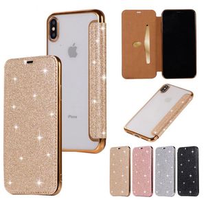 Bling 3D Glitter Sparkle Flip Book Étuis portefeuille en cuir PU Placage Coque arrière transparente pour iPhone 13 12 Mini 11 Pro Max XR XS X 8 Plus Samsung S20 S21 Ultra A21S A51 A71