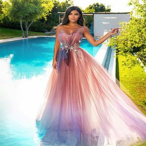 Bling A-ligne Robes De Soirée Chérie Paillettes Perles Appliqued Dentelle Robe De Soirée Formelle Rose Blush Balayage Train Sur Mesure Robe Pas Cher