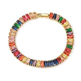 Bling Esthétique Baguette Cubique Zircone Bracelets Colorés pour Femmes Filles Copines Nouveau Luxe Plaqué Or Véritable Glacé Multicolore CZ Pierre Poignet Bijoux Cadeaux