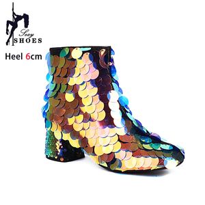 Bling Enkellaarsjes Voor Vrouwen Grote Maat Puntige Hoge Hakken Crossdressing Show Cosplay Schoenen Dame Luxe Korte Laarzen Pailletten Botas 231225