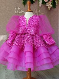 Bling Ball Robe Flower Girls Robes pour les mariages à manches longues à manches longues appliqués Boho Kids Birthday First Holy Communion Robe Tutu Vintage Party Pageant Robes