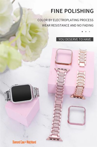 Bling Beaded Bracelet Montres Coques Compatible avec Apple Watch Band 38 mm 40 mm 41 mm 42 mm 44 mm 45 mm Femme Dressy avec étui en strass pour iWatch SE Series 8 7 6 5 4 3 2 1