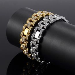 Bling Bling 15 mm 21 cm Oro Plata Hip Hop Mens Rhinestones Correa de reloj Pulsera de cadena Brazalete del tanque para niños Rapero Rocker Punk Iced O255V