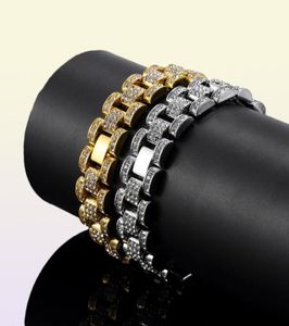 Bling Bling 15 mm 21cm Gold Silver Hip Hop Hop Mens Himestones Watchband Chain Bracelet Tank Bangle pour garçons Rocker Rocker Punk Iced O3125191