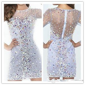 Bling Bling Cristal Perlé Strass Robes De Cocktail Courtes Avec Manches Longues Au-Dessus Du Genou Ras Du Cou Bleu Mini Voir Bien Que Des Robes De Bal