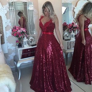 Bling Bling Bourgondië Prom Jurk Lange Rode Wijn Lovertjes Een lijn Open Back Formele Jurken Avond Draag Kralen Kant Applicaties Bow Sash Custom