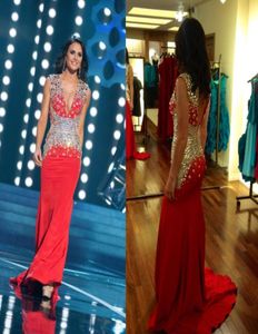 Bling Bling Crystals Prom Dress Red 2019 Mermaid Deep V Neck Low Back Long Pageant Dresses Court Trein feestjurken3357443