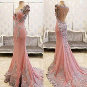 Bling Bling Elegante Roze Lange Zeemeermin Avondjurken Kristal Kralen Korte Mouwen Vrouwen Kristal Kralen Formele Prom Dress277e