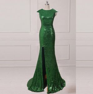 Bling Bling Bling Emerald Green Robe à paillettes Jewel Jewel Coup Capp Capp Served Sirène Elegant Night Robe avec des robes de bal fendues balayez Tr8850749