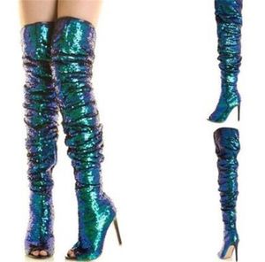 Mode Glitter Paon Vert Paillettes Sur Genou Cuissardes Bling Chaussons Stiletto Talons Hauts Shinner Paillette Longue Soirée Sexy Botas