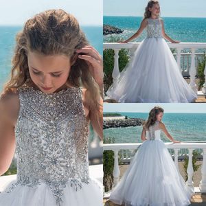 Bling Bling Flower Girls Vestidos 2019 Cristales Rhinestones Tren Blanco Tulle Vestido Primera Comunión para Niña Joyero Escote Escote