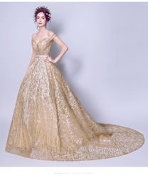 Bling Bling Gold Off the Shoulder Vestido de noche Largo 2018 Nuevo vestido formal Impresionantes vestidos de baile Cheap Robe De Soiree vestido de festa