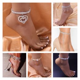 Bling Bling Hartketen Anklet voor vrouwen Tassel Flower Charm Pendant Boho Sexy glanzende Stregestone Jewelry Iced Out Full Diamond Rock Bracelet Bikini Beach Party Gifts