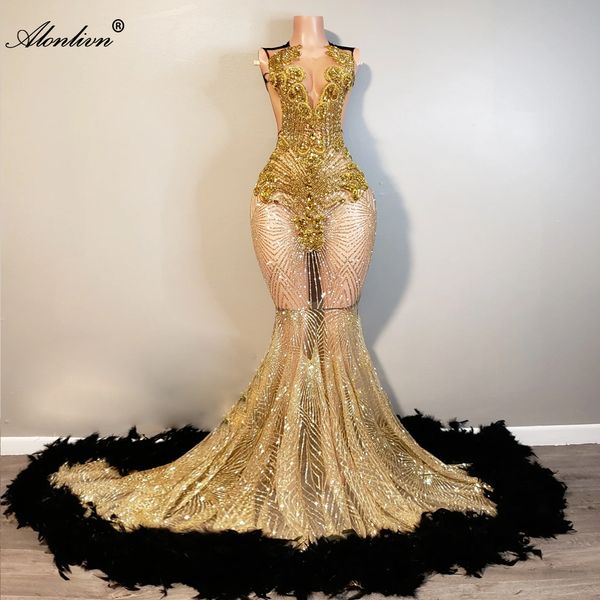 Bling Bling Dentelle Sheer Jewel Fromal Robes De Bal De Luxe Perles Rhinecristaux Perles Broderie Dentelle Balayage Train Illusion Sirène Dames Robes De Soirée De Bal