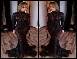 Bling Bling Michael Costello Eveningjurken met lange mouwen Zwart pailletten Hoge nek Mermaid Sexy beroemde celebrity jurken Pageant prom jurken9385359