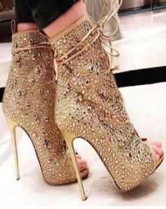 Bling bling peep teen stiletto dunne hoge hakken laarzen peep teen kristal sandaal laarzen glitter rhinestone sheber korte enkel laarsjes8248280