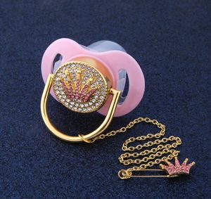 Bling Bling Pink Pink Crown Rhinestone Baby Pacifier en Pacifier Holder Clip Safe Pacifier Dummy Baby Shower Gift8793271