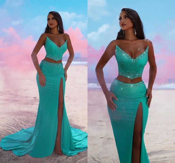 Bling Bling Plus La Taille Sirène Robes De Bal Longues Pour Femmes Satin Chérie Drapé Plis Haut Côté Split Tenue De Cérémonie Anniversaire Pageant Deuxième Réception Robes De Fête