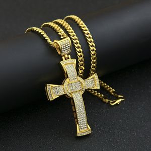 Bling Bling Strass Jésus Croix Pendentif Collier pour Hommes Femmes Pavé Cristal Hip Hop Glacé Collier avec 5mm * 70cm Chaîne Cubaine Bijoux