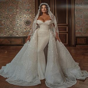 Bling Bling Sexy Zeemeermin Trouwjurken Pailletten Overrokken Trompet Bruidsjurken Off Shoulder Plus Size Trouwjurk Midden East1744