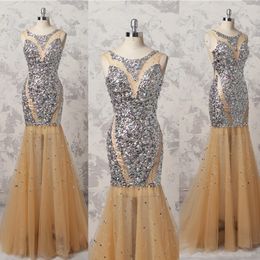 Bling bling shinning kralen prom dresses 2018 champagne zeemeermin avondjurken vloer lengte sexy backless formele feestjurk op maat gemaakt