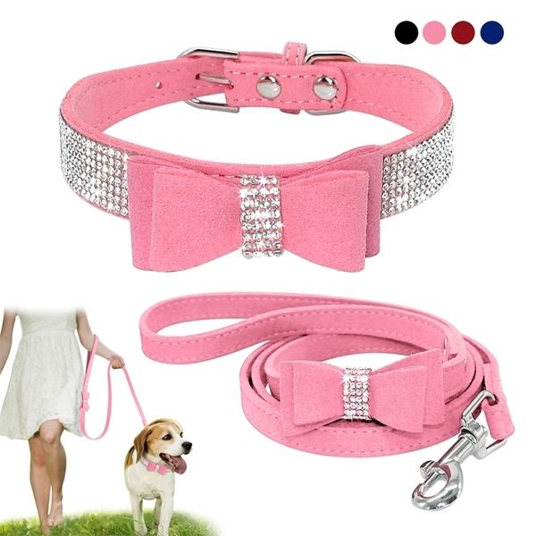 Bling Bowknot Gamuza Cuero Collar de perro y correa Set Pet Puppy Cat Chihuahua Collares para perros pequeños medianos Gatos Rosa 210729