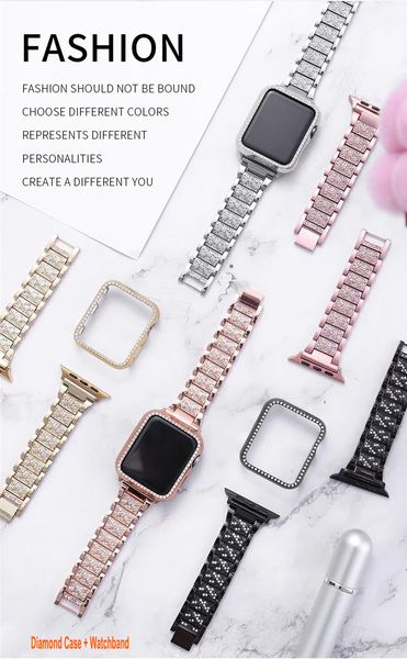 Bracelet Bling avec étuis Compatible Apple Watch Band 38 mm 40 mm 44 mm 45 mm Femme Bracelet en métal diamanté avec pare-chocs en strass pour iWatch Series SE 8 7 6 5 4 3 2 1