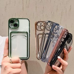 Estuches metálicos con bolsillo para tarjetas Bling para iPhone 15 14 13 Pro Max 12 11 XR X XS 10 8 7 Plus Teléfono 14 Ranura para identificación de crédito con orificio fino TPU suave Chapado de lujo Cromado Cubiertas traseras para teléfono transparente