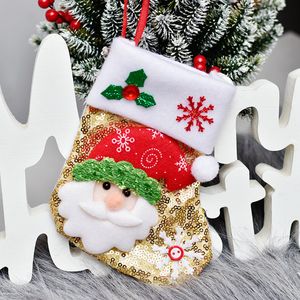 Bling Christmas Kousen Kerst Ornament Santa Snowman Figurine Sequin Small Gift Bag Mes Fork Cover Set voor Home Party Dinner GGE1784