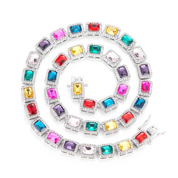 Bling Coloré Cristal Diamant Pierre Tennis Collier pour Hommes Femmes Cuivre Hip Hop Collier Bijoux