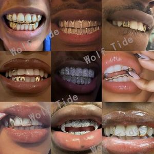 Bling Cross Vampire Dents Fang Grillz 18 carats Or véritable Punk Hip Hop Creux Diamant Grills Bouche Bretelles Capuchon Dent Rappeur Bijoux de Corps pour Cosplay Halloween Costume Party