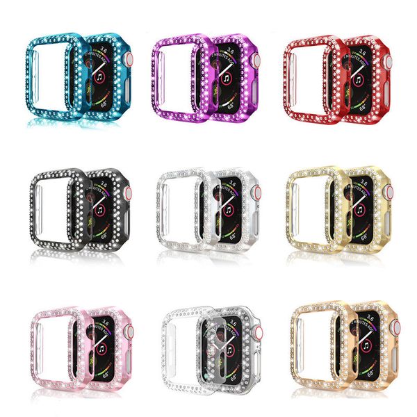 Bling Crystal Deux rangées de diamants à couverture complète Étuis de protection PC Pare-chocs pour Smartwatch Apple Watch iWatch série 7 6 5 4 3 2 44 mm 42 mm 40 mm 38 mm 41 mm 45 mm