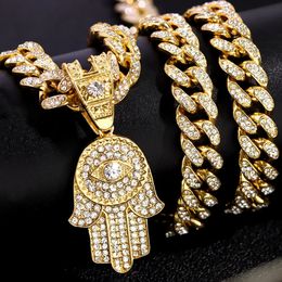 Bling Crystal Eye Hamsa Hangketting Mannen vrouwen Hiphop Iced Out Out Chain Cuban Link ketting CZ roestvrij stalen sieraden 240416