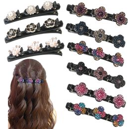 Bling Crystal Flower Ribbon gevlochten haar Clips Fashion Four Bladeren Duckbill Hairspeld met 3 kleine clips strass pony Barrettes voor meisjes 1315