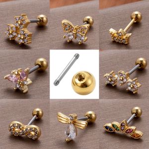 Bling Cz Kubieke Zirkonia Schroefbal Barbell Oorbel Studs Oorbellen Chirurgisch Roestvrij Staal Oorring Nieuwe Dubbele Kop Staaf 0.8 Zirkonia Bone Nail Dragonfly Flower Nails