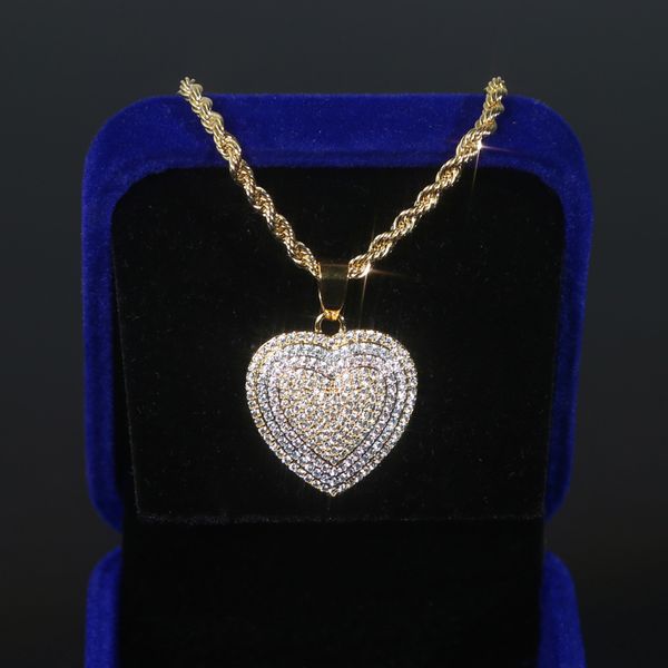 Bling CZ Collier pendentif coeur à deux tons pavé Iced Out Shiny Cubic Zirconia Hip Hop Bijoux pour filles Femmes Man Boy Gift