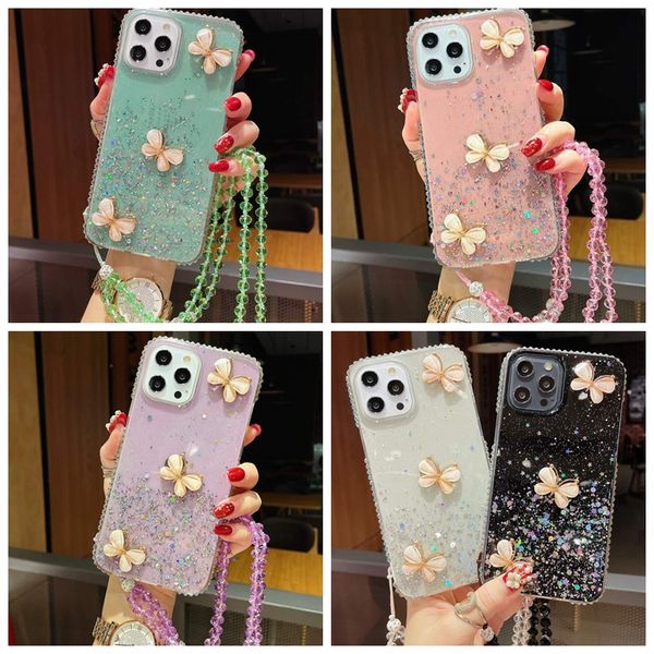 Bling Diamond 3D Butterfly Cases pour iPhone 15 14 Pro Max 13 12 11 XR XS X 8 7 6 Plus Bling Foil Glitter Confetti Sequin Luxe Goutte Colle Souple TPU Clear Phone Back Cover Strap