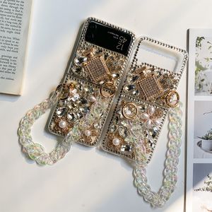 Bling Diamond 3D Bloem Hard Cases Voor Samsung Galaxy Z Flip 5 4 3 Fold 5 Zflip4 Zflip5 FOLD5 Vouwen Luxe PC Plastic Bloemen Glanzend Strass Telefoon Cover Met Riem