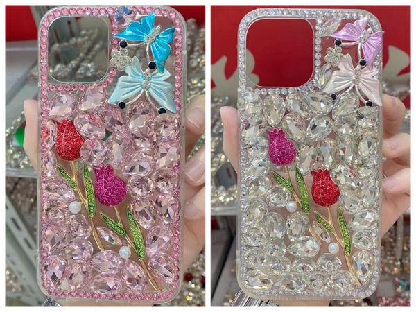 Estuches de diamantes brillantes para iPhone 15 Pro Max 14 Plus 13 12 11 X XR XS 8 7 6 SE2 Lujo 3D Rosa Flor floral Cristal Acrílico duro PC Plástico Suave TPU Rhinestone Cubierta del teléfono para niñas