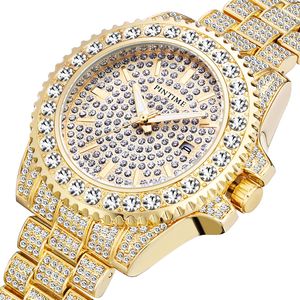 Bling Diamond Iced Out Horloge Mannen Goud Rvs Heup Hop Mens Horloges Topmerk Luxe Klok Relogio Masculino Reloj Hombre B1205