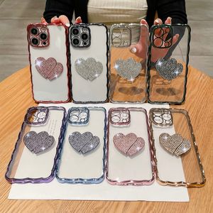 Bling Diamond Love Heart Chromed Cases pour iPhone 15 14 Plus 13 12 11 Pro Max X XS 7P 8P Luxe Rinestone Placage Métallisé Clair Souple TPU Wave Fine Hole Lover Phone Covers