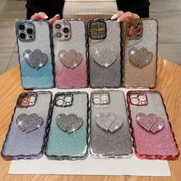 Bling Diamond Love Heart Chromé Wave Cases Pour Iphone 15 14 Plus 13 12 11 Pro Max Luxe Dégradé Paillettes Placage Métallique Clair Souple TPU Fine Trou Couvertures De Téléphone Portable