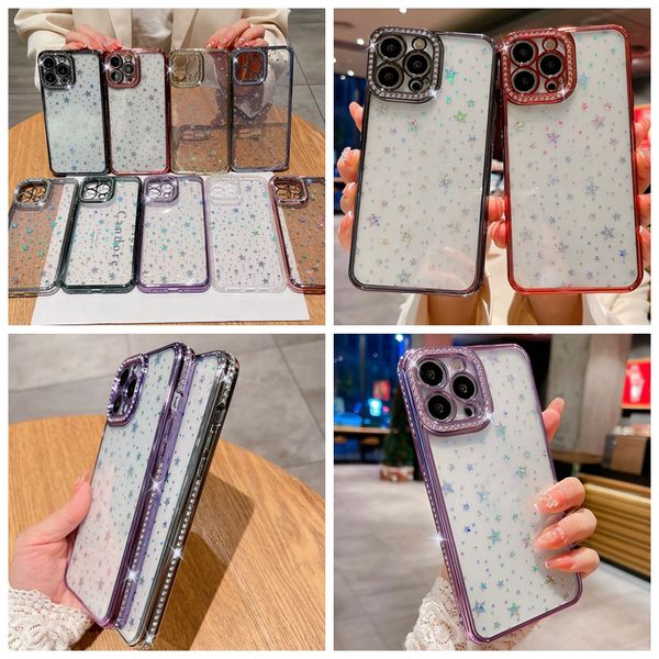 Bling Diamond Plating Star Fundas para iPhone 15 14 Pro Max Plus 13 12 11 XR XS MAX X 8 7 Cambio de papel estrellado Lujo Cromado Metálico Suave TPU Brillo Agujero fino Cubierta del teléfono